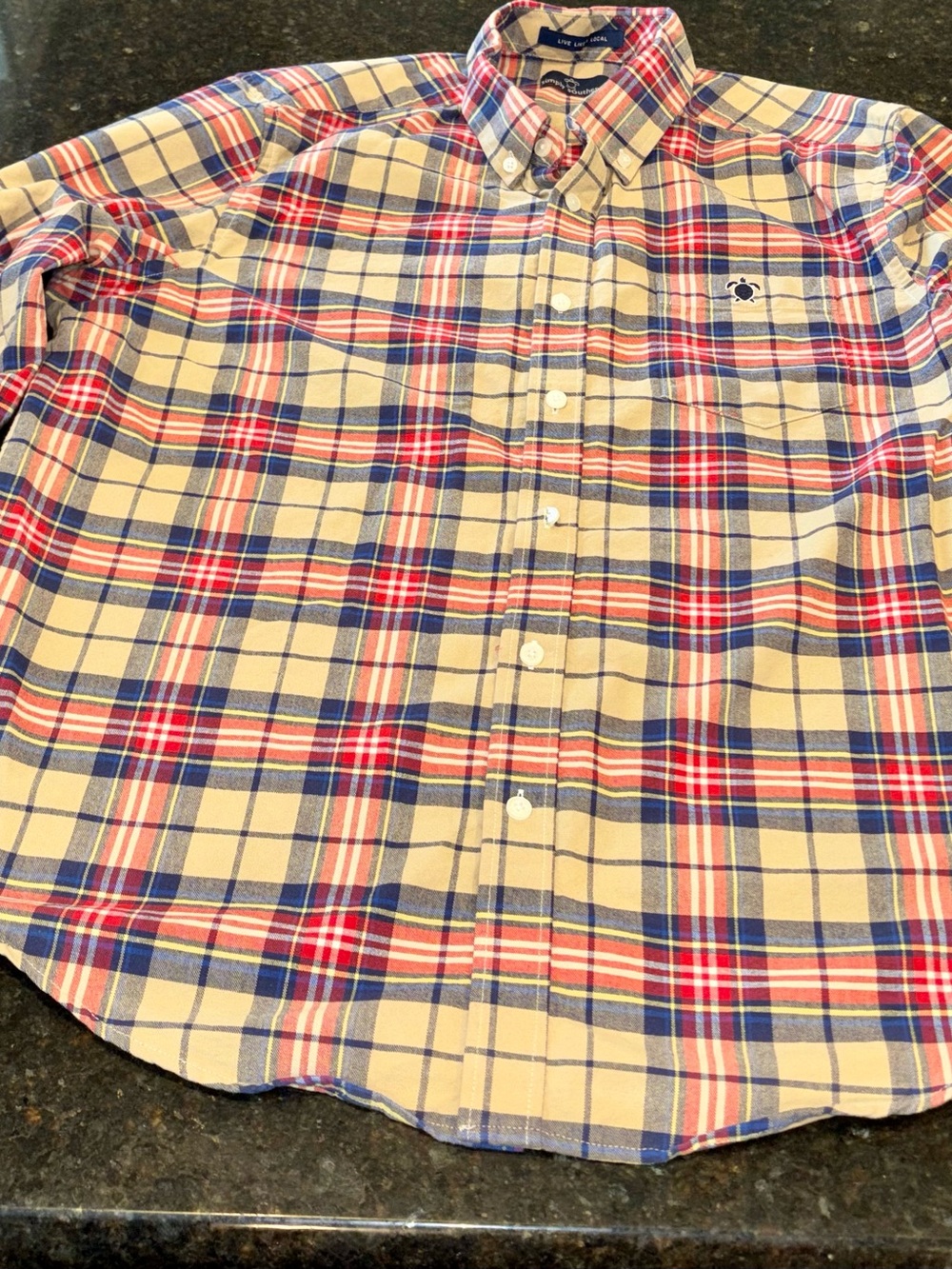 Simply Southern Men's Plaid Button-Down Shirt in Beige, Red & Blue